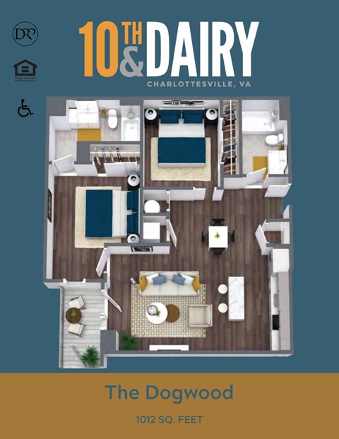 Floor plan for 2 beds, 2 baths, 1012 sqft